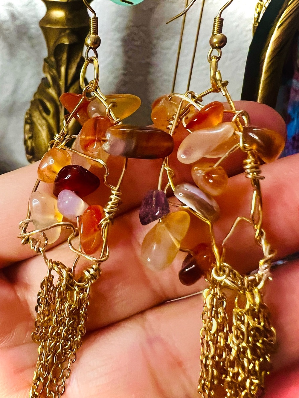 Gold-Tone Carnelian Stone Crystal Cascade Dangle Earrings -  Jewelry Handmade